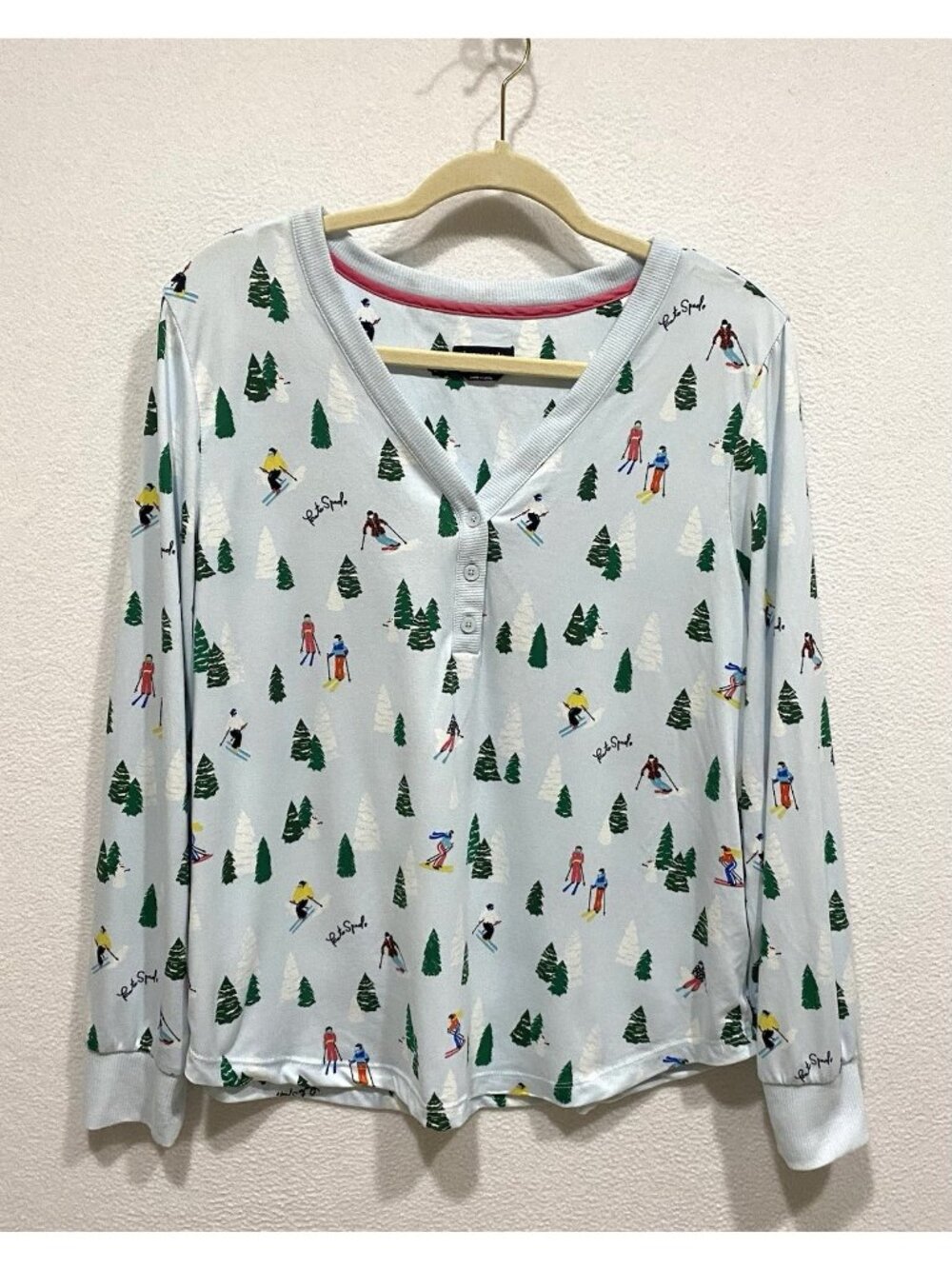 Kate Spade Pajama Top Womens Large Light Blue Ski Scene Henley Cozy Sleep Soft
